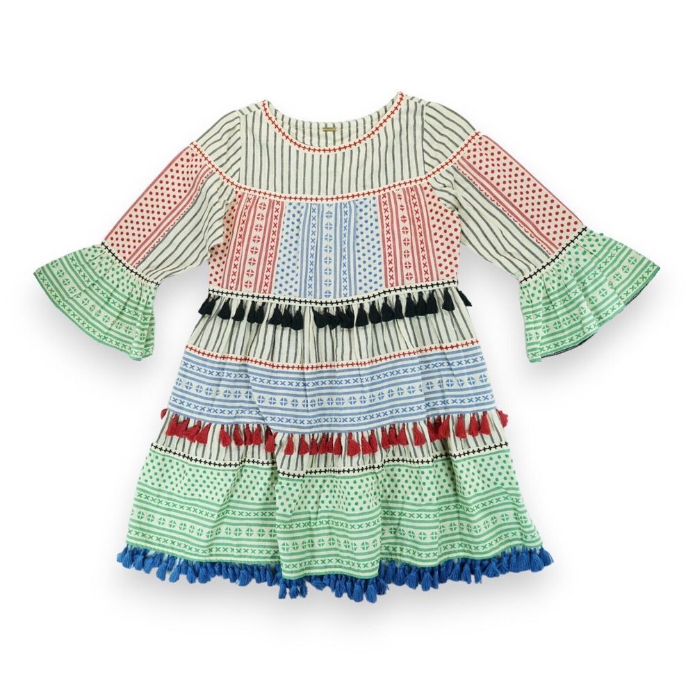 Dodo Bar Or Multicolor Mini Dress Tasseled Striped Tiered Flared Embroidery Sz M